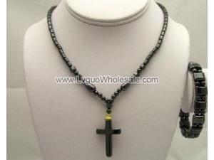 Hematite Cross Pendant Chain Choker Necklace and Bracelet Jewelry Set